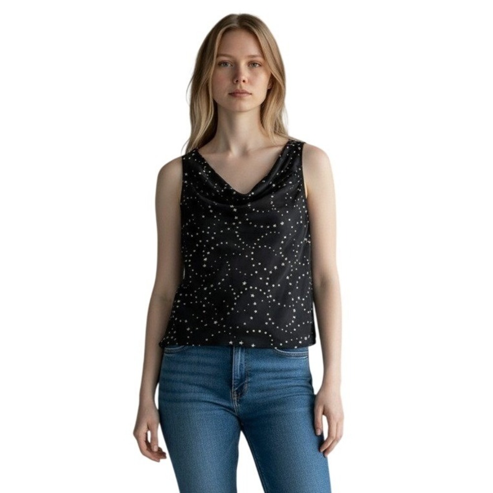 Ann Taylor Factory Black Star Celestial Print Cowl Neck Tank Top Women's Large